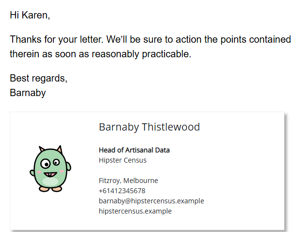 An email reply ending with a SigMonster signature card